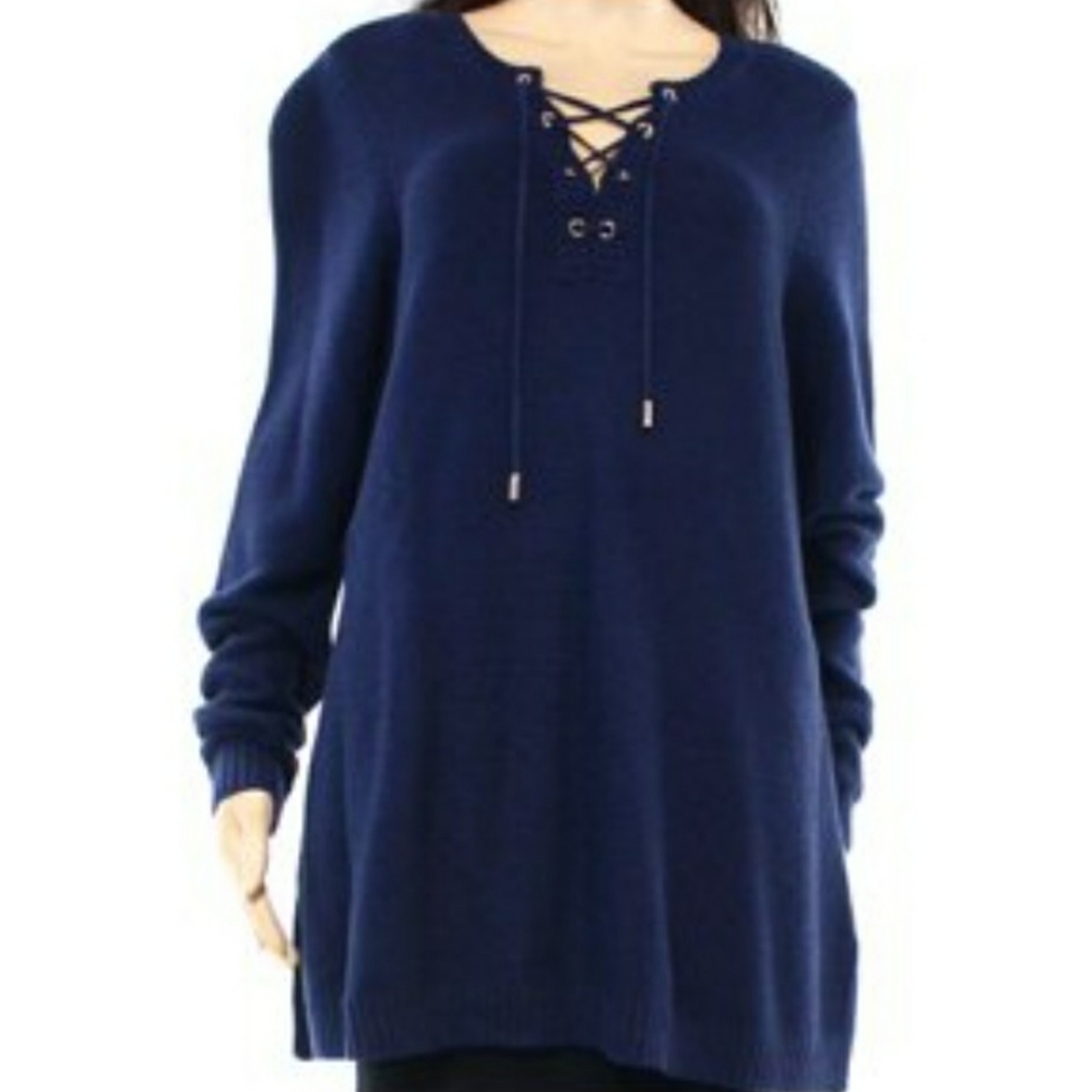 Charter Club Sweater Size 0X Blue Intrepid Lace Up Collar Tunic